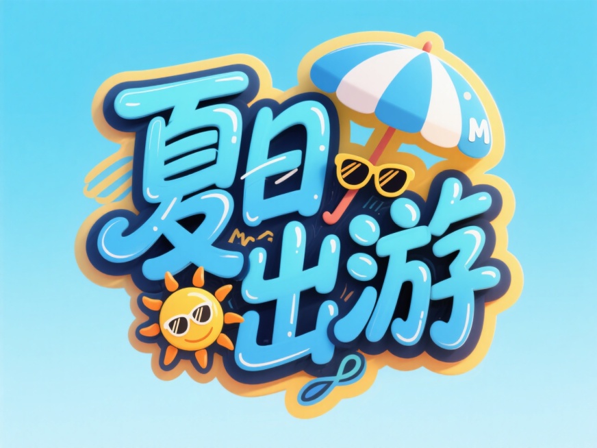 字体"夏日出游"，创意字体设计增加遮阳伞、太阳、墨镜等夏日小元素元素，涂鸦风格，蓝色背景。预览效果