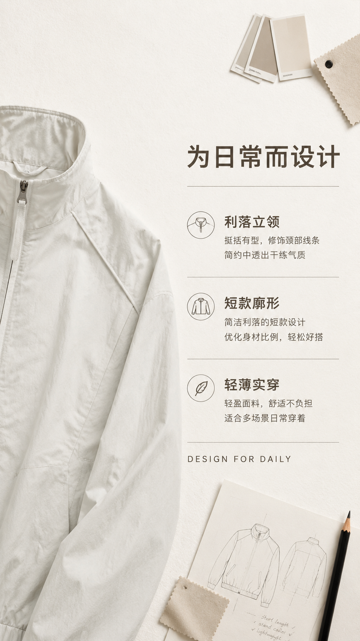 [第2张] 设计理念页-米白色立领短款夹克外套设计灵感与风格诠… - 图片创意预览