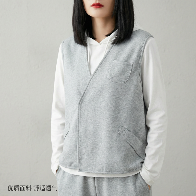[主图 3] 休闲三件套正面细节展示图
[氛围/风格] 简约质感风格，清晰展现面料肌理，柔和棚拍光线。
[画面元素] 同一位亚洲女模特齐肩刘海黑发红唇，近景展示马甲V领设计、口袋细节和面料纹理，纯色浅预览效果