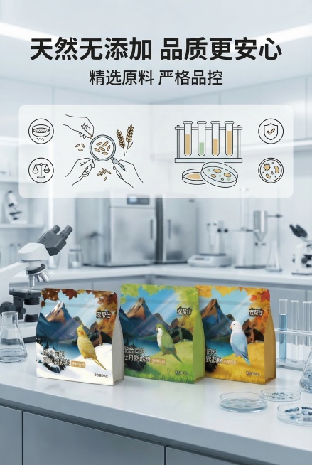 2:3竖版尺寸，严格还原上传的宠帮仕鹦鹉粮产品图，包括包装设计、颜色、LOGO位置、文字内容、图案元素等所有细节，产品与场景物体大小比例协调，避免突兀。主标题"天然无添加 品质更安心"，副标题"精选原预览效果