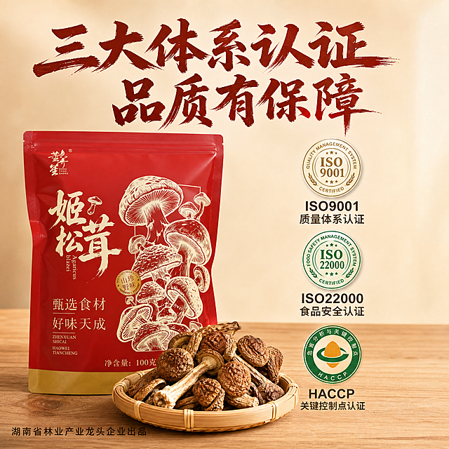 [主图-2] 企业实力与认证背书，建立信任。
[统一基调] 国风品质感，红金主色调，暖调食欲风；主标题用粗笔刷书法字，米白/浅金字色带轻微阴影；辅助文案用清爽黑体，字号明显小于主标题；整体画面干净高级，产品真实自然。
[画面] 画面左侧放置董宇笙姬松茸红色包装袋（正面展示），包装袋前方摆放竹编簸箕装满姬松茸干货；画面右侧以证书图标+文字的形式展示三大认证：ISO9001质量管理体系认证、ISO22000食品安全管理体系认证、HACCP危害分析与关键控制点体系认证，每个认证配一个简约圆形图标；背景为浅米色渐变，底部点缀木纹台面。主体占比约55%。
[光影质感] 柔和顶光，产品自然摆放有接触阴影，证书图标轻微浮起有投影，整体干净通透，商业品质感。
[配色] 背景浅米白+暖木棕，主标题深棕红，图标金色+深绿，辅助文案深灰。
[文字版式] 顶部主标题"三大体系认证 品质有保障"；右侧三个认证项竖向排列，每项图标在上文字在下："ISO9001 质量体系认证"、"ISO22000 食品安全认证"、"HACCP 关键控制点认证"；左下角小字"湖南省林业产业龙头企业出品"。
[输出要求] 800×800像素，1:1正方形，产品清晰，文字清晰可读，无变形错字，无水印无平台Logo。