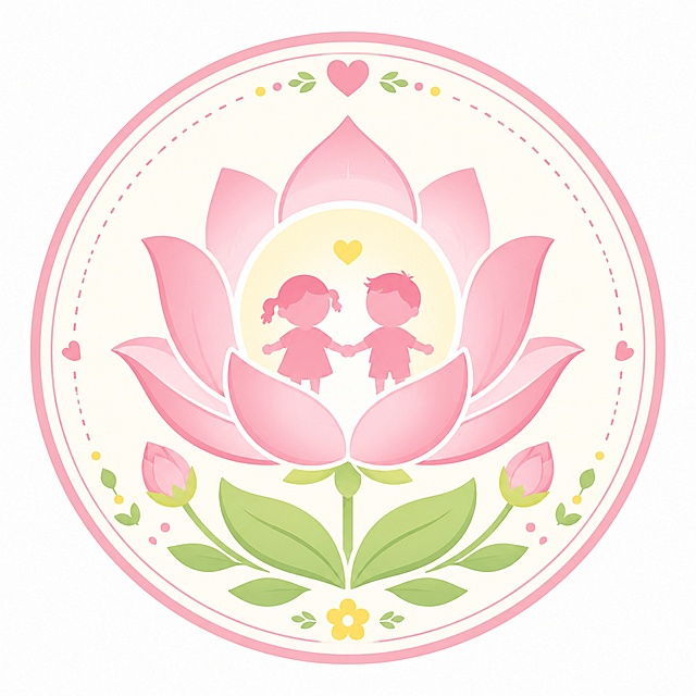 幼儿园校徽设计，圆形徽章，自然童趣风格。主体是一朵柔和的粉色莲花，莲花中心有两个可爱的孩童剪影手拉手，莲花下方有嫩绿的草叶和花苞装饰。整体线条圆润柔和，无尖锐棱角。配色为清新柔粉色、嫩草绿色、米白色、浅鹅黄色，马卡龙色系，护眼柔和。徽章外圈有细边装饰，风格简洁可爱，适合3-6岁幼儿园。纯白背景，高清矢量风格，标志设计