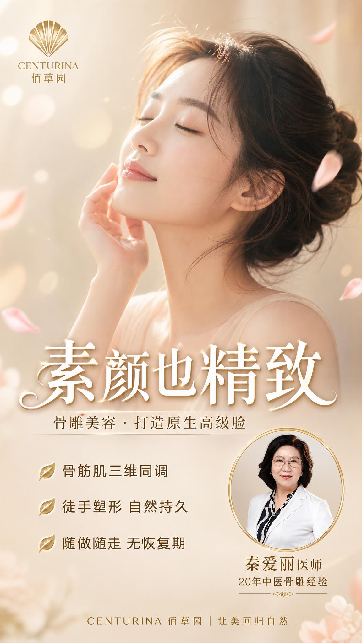 中医骨雕美容宣传海报，中文版，温柔人像风。竖版9:16。暖米色… - 图片创意预览