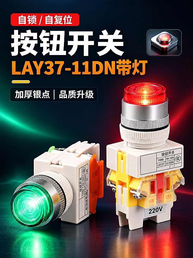竖版750px宽，LAY37带灯按钮首屏banner。

产品处理：两个带灯按钮（左侧躺着的绿灯、右侧站着的红灯，红色灯罩发光）从原背景抠出，形状颜色不改，灯光发光效果保留；擦除两处品牌：两个产品标签上的CHKL和浙江凯蓝电气科技有限公司擦掉补白；标签保留内容位置不动：按钮开关、Y090、Ith:10A、LAY37、Ui:500V、CCC标志、底部220V电压标签。

保留文案全部用思源黑体：左上角红色标签自锁/自复位；大标题按钮开关；型号LAY37-11DN带灯；黑色半透明条加厚银点 | 品质升级；右上角小图（金属按钮特写）保留。

新排版：大标题按钮开关放左上，白色超大粗体；型号LAY37-11DN带灯紧跟其下，橙色粗体；加厚银点|品质升级放型号下方；两个产品放右侧和下方，站着的在右、躺着的在左下；不要上下堆叠。

新背景：深蓝黑色渐变背景，左侧一道绿色光晕呼应绿灯产品，右侧一道红色光晕呼应红灯产品，两个按钮的灯光在背景上有微弱反光；整体暗调突出两个亮着灯的按钮；不要工厂车间。