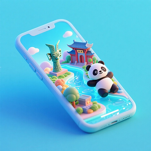 一个手机创意微缩场景，手机平放，侧面对着观众，手机俯视角度，立体的成都景观从屏幕内出来，有熊猫，三星堆，武侯祠，整体色调立体魔幻。青色背景。具有梦幻感,打光营造出柔和氛围强调梦幻和未来感的美学。