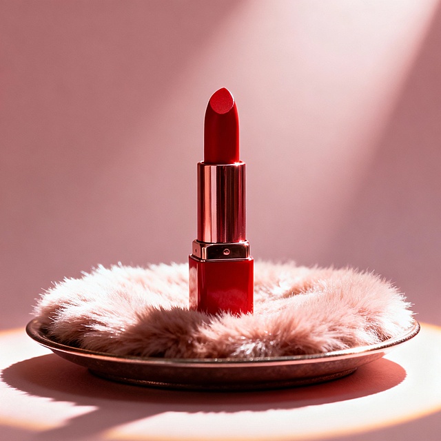 生成一个口红的广告，要求口红颜色偏红，下面是毛绒垫子，背景是淡粉色，口红放置在一个毛绒托盘上，周围有打光效果
