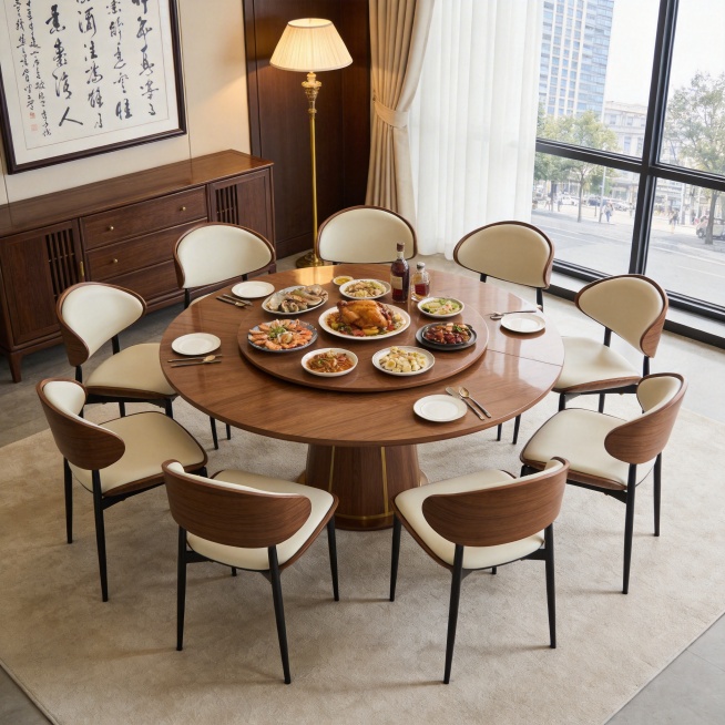 将图1的胡桃木色圆形实木餐桌带转盘、图2的10把轻奢餐椅组合，转盘上摆放丰盛的中式家宴菜肴，包括烤鸡、海鲜拼盘、热菜、冷盘、酒瓶、餐具，背景替换为老钱风/新中式家居餐厅，包含深棕色实木边柜、复古落地灯预览效果