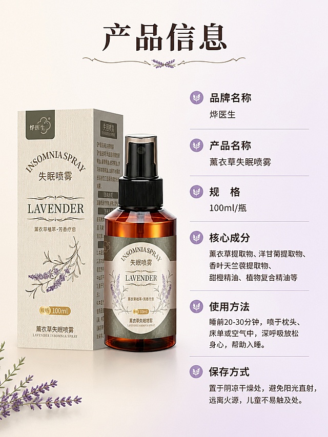 [第10屏] 产品信息页-薰衣草失眠喷雾规格参数展示。本屏使用【图1】作为商品主体
[氛围/风格] 清晰规整参数风格，专业简洁设计
[元素布局] 左产品右参数表经典布局，产品放在左侧，保持外观与输入图一致，占比约45%；右侧竖排参数表，包含品牌名称、产品名称、规格、核心成分、使用方法、保存方式信息，参数分行清晰，浅紫色分隔线区分不同项目。背景浅米色渐变，干净规整
[光影质感] 均匀柔和柔光，产品清晰，参数文字清晰，整体干净专业
[配色色系] 全局底色 #f5f1eb，左侧留白，右侧浅紫渐变底，文字深棕色，清晰对比
[视角构图] 左物右表平衡构图，产品完整展示，参数清晰可读
[文字版式] 顶部主标题「产品信息」，深棕色粗体；参数表项目名称加粗，内容常规字重，分行清晰，文字大小适合手机阅读，不拥挤
[比例分辨率] 3:4竖版比例，4K分辨率，文字清晰可辨，高清画质
[负向提示词] 产品变形，缺件错件，颜色偏差，包装文字错乱，水印，文字过小，绝对化违禁词，电商平台Logo