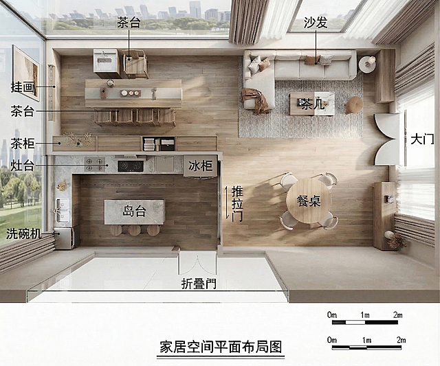 修改效果图，保留餐厅位置原有墙面，其余区域的墙面全部替换为通透的玻璃幕墙，保持室内装修风格、家具陈设、光影效果与原图一致，玻璃幕墙呈现清晰的通透质感。