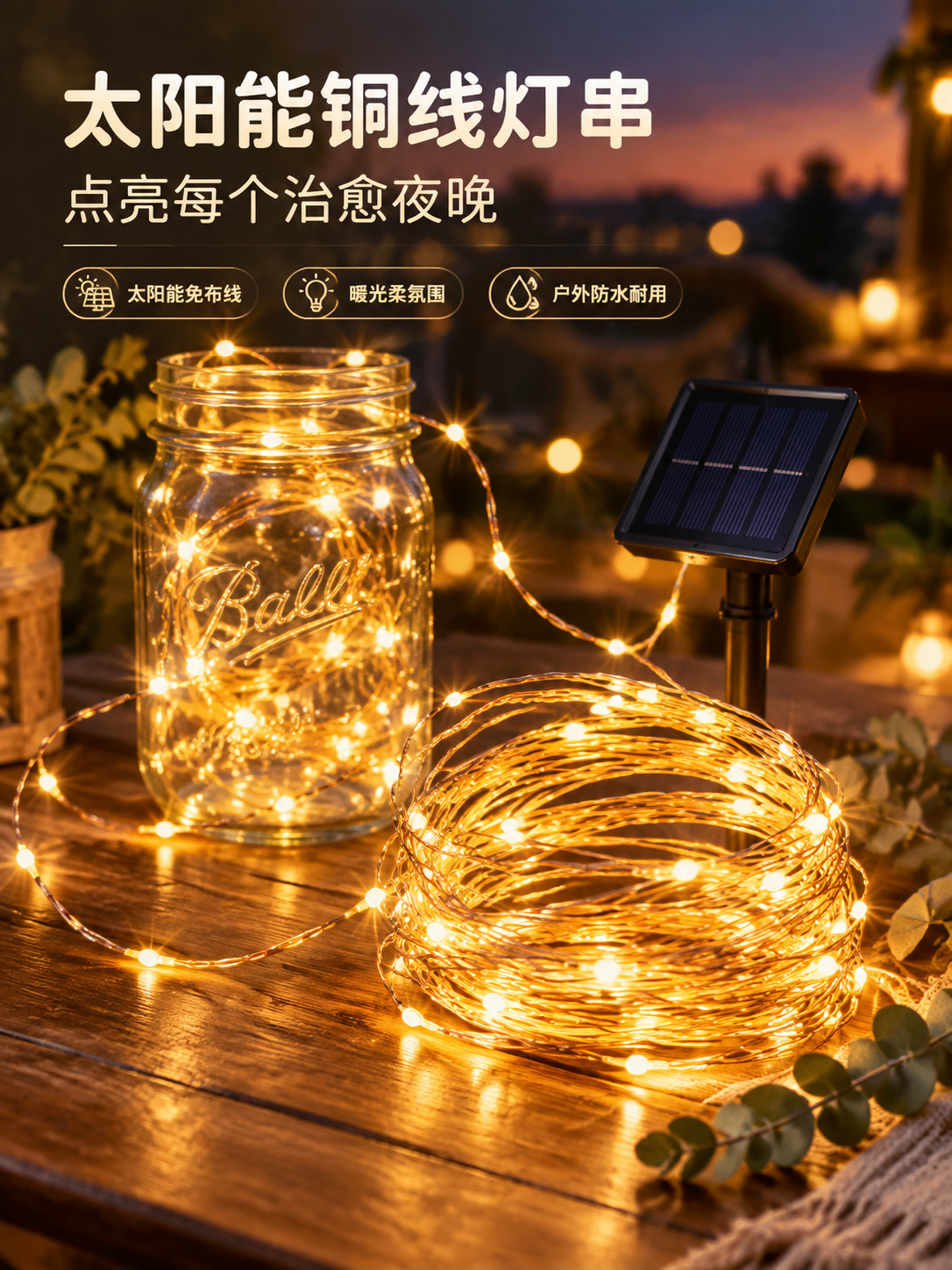 [商品] 使用【图1】暖白色太阳能铜线灯串；保留细铜线材质、暖… - 图片创意预览