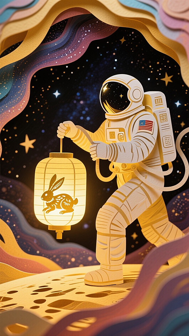 中国宇航员提着玉兔纸灯在宇宙穿行，画面是暖金色