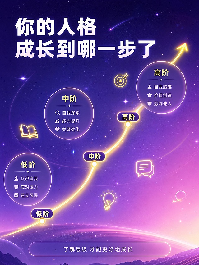 [详情页-6] 案例成果页，不同人格层级的成长路径示意。
[商品] 非实物数字服务，MBTI人格测试网站，核心功能是测出人格的高阶中阶低阶三个层级。
[画面] 页面目标是展示测试后能获得什么，用成长路径可视化。画面中央是一条从左下到右上的发光成长曲线，曲线上标注三个节点：低阶 中阶 高阶，每个节点旁有一个圆形信息卡，分别说明每个层级的典型特征和成长方向。曲线周围有一些小图标代表成长元素（书籍 灯泡 对话 目标等），背景是深紫到粉的渐变，主体占画面70%。
[视觉] 套系策略：风格=小红书原生感潮流梦幻风；标题字=现代无衬线粗体；正文字=简洁无衬线体；主色=紫粉渐变；背景延展=深紫到粉的渐变 星光粒子 光晕；强调色=荧光黄，仅用于曲线 节点高亮 图标；标题色=白色；正文色=浅紫灰；组件=圆角半透明信息卡 发光节点 曲线箭头；光影=曲线发光 节点光晕 整体梦幻光感。
[文字] 顶部大标题「你的人格成长到哪一步了」，三个节点分别有层级名称和2-3个特征关键词，底部小字「了解层级 才能更好地成长」，全部横排。
[规格] 比例3:4，4K分辨率，负向：变形 错字 模糊 杂乱 水印 平台Logo 二维码 微信 绝对化用语。