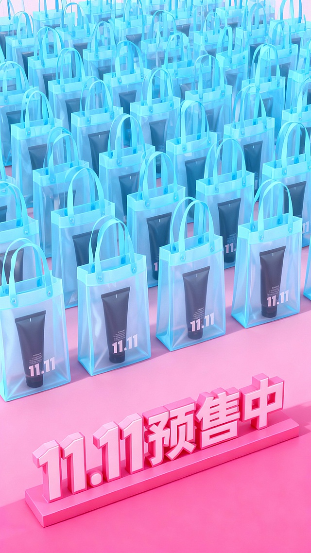 大量浅蓝色半透明购物袋整齐排列，每个购物袋内都放着重复相同的主体，每个袋子上印有醒目的 “11.11”，俯视，背景为粉红色渐变，热闹的促销氛围，下方为粉色3D大字立牌“11.11 预售中”。