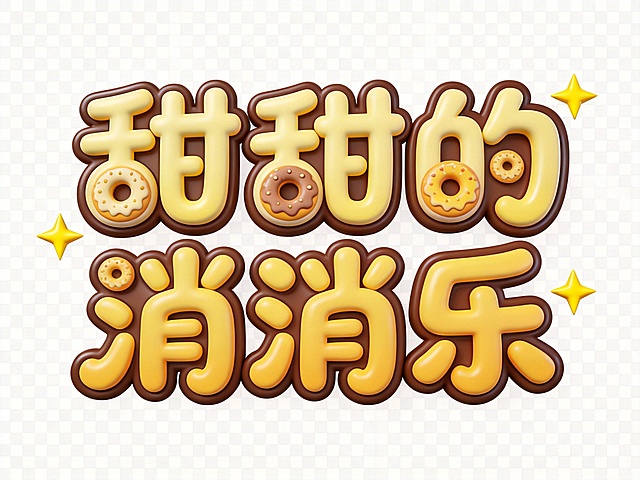 干净的透明背景。3D卡通艺术字体设计，五个字主体文字“甜甜的消消乐”，所有文字单行横向排列，圆润饱满的笔画，曲线可爱变形。甜甜圈图案替换文字中的点画，浅黄+暖黄主体色搭配深棕色描边，点缀黄色小星星装饰。仅包含五个字："甜"、"甜"、"的"、"消"、"消"、"乐"，不得增加、遗漏或替换任何一个字。装饰元素与文字主体结合，比例4:3。
