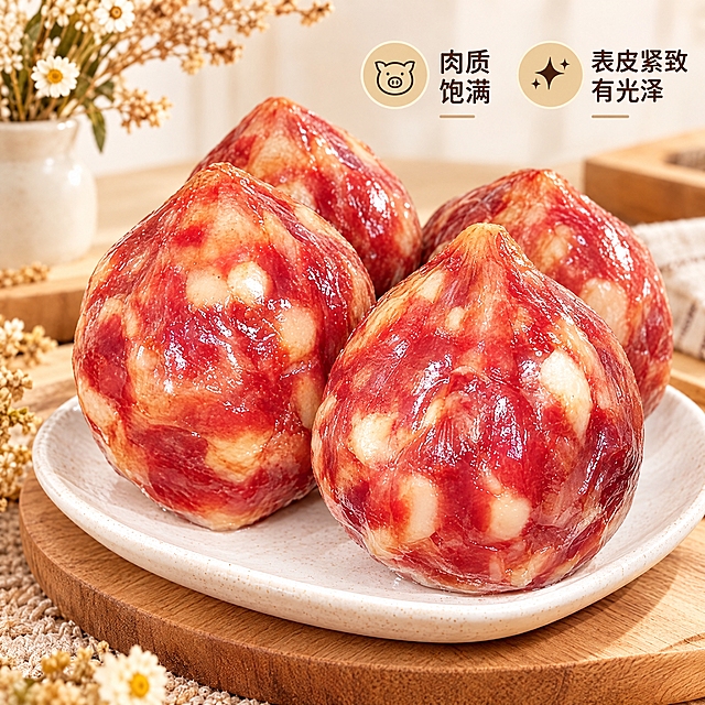香肚电商详情图，1:1正方形构图，香肚产品占据画面大面积，保持包装和产品形态不变，多颗饱满香肚组合摆放，表皮紧致有光泽，红白纹理清晰可见，背景为浅米色简约厨房背景，搭配原木餐垫和干花装饰，自然光柔和明亮，整体色调温暖治愈，充满食欲感，画面鲜活有生气，无人物出现，文字量少，突出2个简洁卖点，不要百年、地道、传统、现做现发、冷链运输、老字号、正宗、夸大宣传、破损包赔、礼盒装等字样，高清美食摄影，2K分辨率