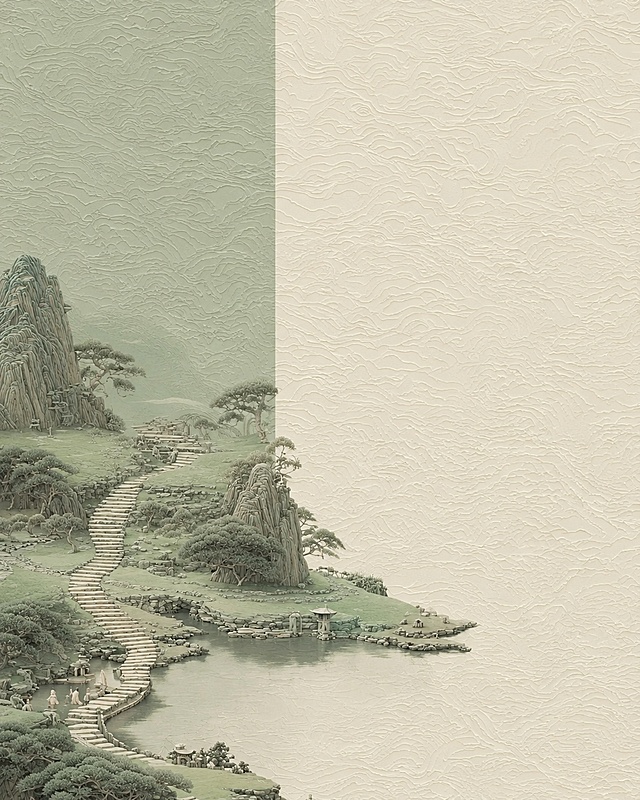 「图片1」生成一张类似的图片，高级感新中式风格，画面中红色改为浅绿，不要任何文字