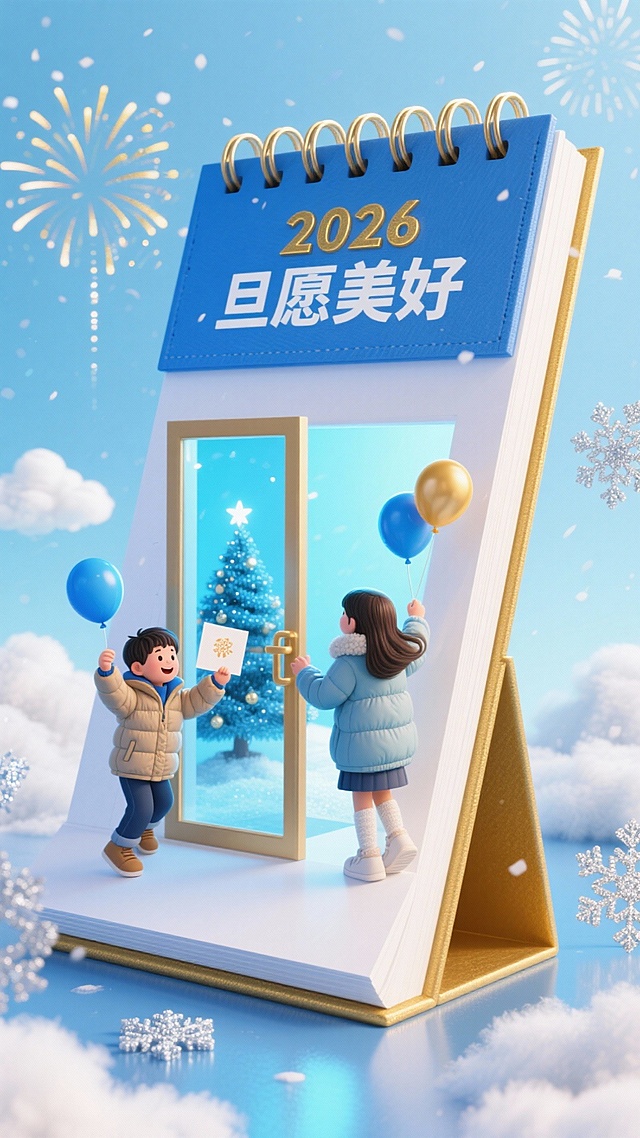 主体为天蓝色硬壳装订日历造型，蓝金渐变背景，浅蓝色磨砂地面，日历正面略微倾斜；日历白页里嵌入一扇玻璃门（门内透出冰蓝色亮光，可见迷你圣诞树装饰），儿童（门外穿羽绒服的男童挥着新年贺卡推门，门内穿棉服的女童举着气球迎接，动作活泼）；搭配蓬松白色云朵、蓝金烟花与银色雪花元素，色彩清新明快；天蓝色（日历主体、背景底色），白色（日历空白页、云朵、雪花）、金色（日历边角、烟花纹路、“2026”字样），色调清爽喜庆；日历上部分是蓝色页有金色“2026”与白色“旦愿美好”字样，下为空白页，背景烟花与雪花交织飘落，云朵质感如蓬松棉絮。