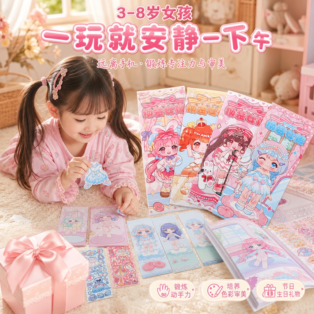1:1正方形电商主图，场景送礼主题，3-8岁女孩，人物卡平铺桌… - 图片创意预览