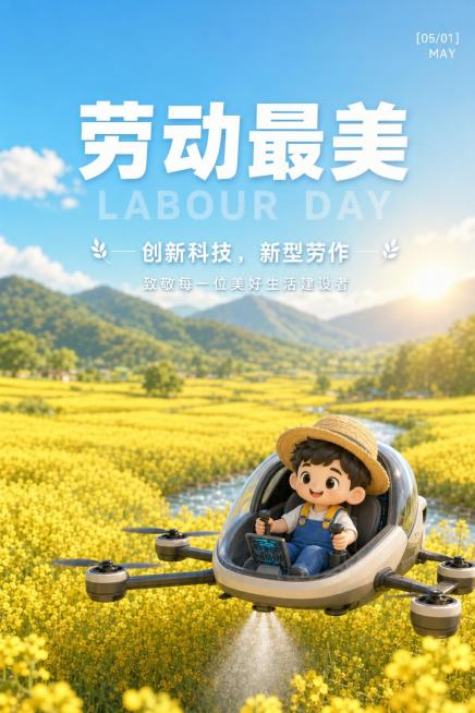 在原图基础上修改：将小男孩水平翻转，移动到靠画面右边的位置；修改小男孩为纯黑色眼睛，保持微笑的嘴巴；小男孩的工装裤改为蓝色，背带改为黄色；无人机改为四轴无人机，增大喷出的水雾，水雾只在无人机中间喷洒；预览效果