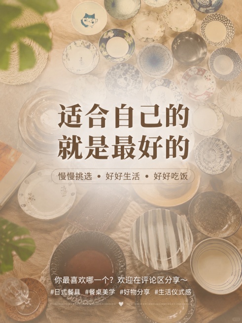 小红书竖版图文尾页，实景展示风格，用用户上传的多张日式餐具拼盘图作为背景，叠加半透明遮罩，结尾总结大字：「适合自己的就是最好的」，底部留话题位置，干净治愈的家居风，适配小红书3:4竖屏。整体氛围温馨，预览效果