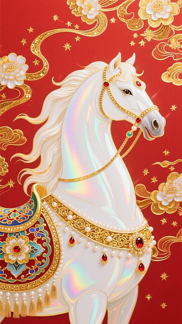 主体是鎏金白马的上半身特写（鬃毛呈金白渐变，如光瀑般流动，马身装饰宝相花与珍珠流苏纹样，搭配彩金华丽鞍具，镶红宝石与金箔），呈昂首嘶鸣姿态，眼神锐利而神圣。背景为正红底，周围融入飘逸的金色祥云花蔓元素，花蔓缠绕成光带，点缀细碎金星，整体风格奢华灵动，色调以红、金、白为主。
