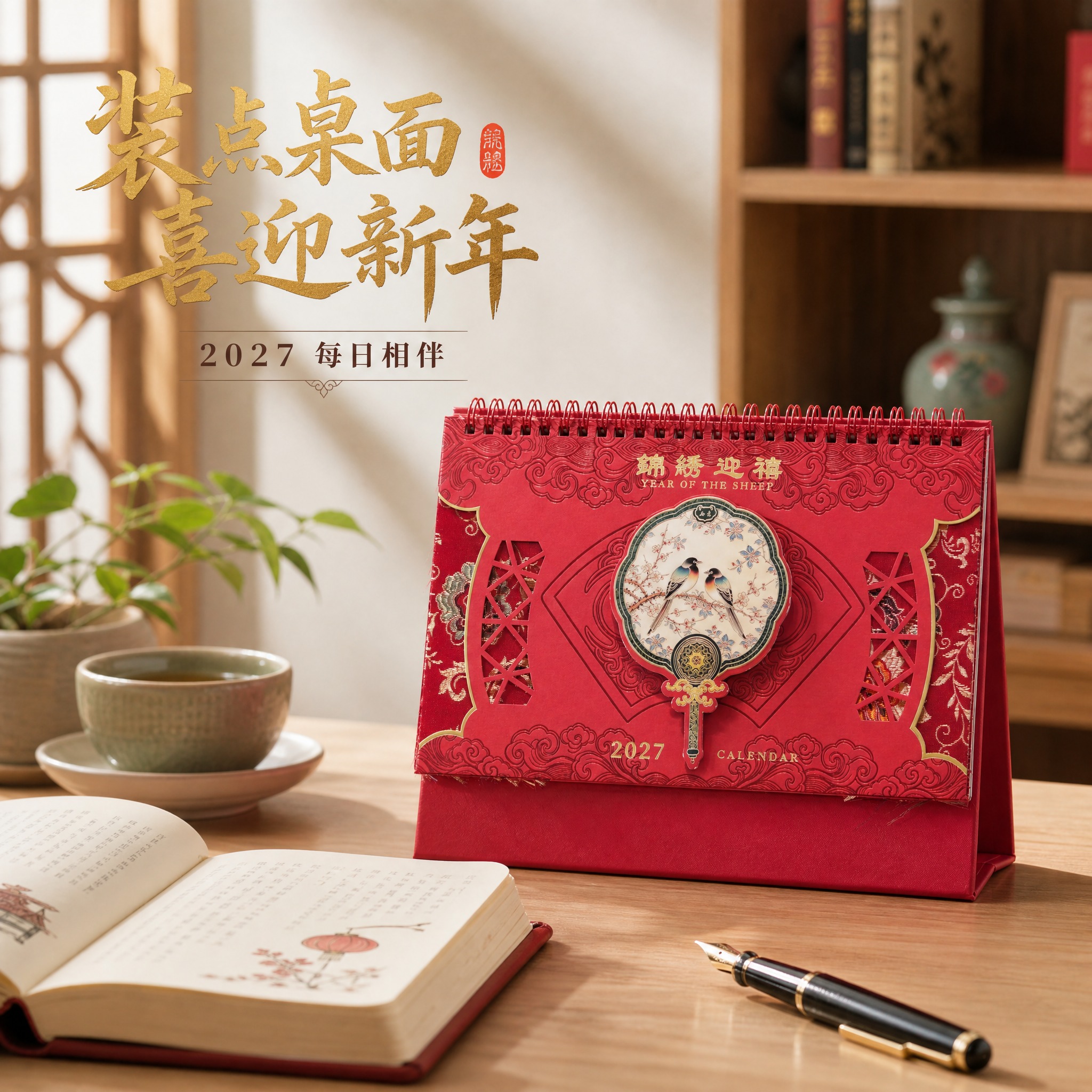 [主图-4] 2027羊年国风台历真实使用场景图，展示书桌办公… - 图片创意预览