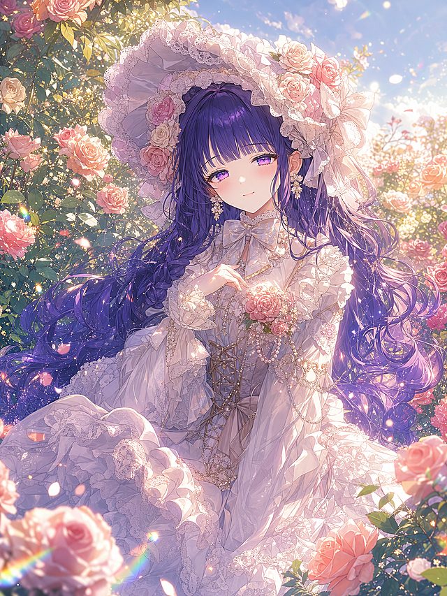 参考图中人物，保留人物头发发型，保留头发颜色，保留人物脸部特征，保留瞳孔颜色。日系二次元风格的少女CG厚涂插画，以复古洛丽塔洋装与玫瑰花园为核心主题，画风精致梦幻，充满甜美的浪漫氛围。眼眸清澈透亮，脸颊带着淡淡的粉调腮红，嘴角噙着温柔的浅笑，气质清甜灵动。她留着一头蓬松的紫色长卷发，发丝的卷曲弧度与光泽感刻画细腻，在光线下呈现出通透的绒感，自然垂落在肩头与裙身。少女身着一套华丽的古典洛丽塔洋装，复古感与精致感拉满,裙装以白色为主调，领口、袖口与裙摆布满层层叠叠的蕾丝荷叶边，胸口点缀着粉玫瑰与珍珠串饰，收腰设计搭配褶皱肌理的裙摆，还原了复古洋装的华丽感；颈部系着白色丝带蝴蝶结，搭配同风格的花型耳饰，细节呼应完整；头上佩戴一顶宽边蕾丝淑女帽（Bonnet），帽身装饰满粉白渐变的玫瑰花与白色蝴蝶结，是整套造型的视觉亮点，强化了复古童话感。背景是盛放的玫瑰花丛，粉、浅橙、米白等不同色调的玫瑰错落分布，搭配鲜绿的叶片层层环绕人物；画面上方露出淡蓝色晴空，营造出身处午后户外花园的场景感，既衬托了人物的甜美气质，也让画面层次更丰富。整体采用暖调明亮的色彩体系，以金、粉、米白为主，浅蓝作为点缀，色彩通透柔和，融合了水彩的清透感与厚涂的肌理质感。光影偏向明媚的柔光效果，如同午后阳光倾洒，在发丝、蕾丝布料上形成柔和高光，让画面充满通透的光感。整体传递出温柔、治愈的童话氛围，少女如同花园中走出的洋娃娃，华丽洋装与盛放玫瑰结合，兼具精致华丽感与浪漫少女感。8K 超高清，极致细节，电影级光影，彩虹光折射效果，金属光泽，柔和光晕，繁复细节，奇幻美学，竖版构图。负面提示：无文字，无字母，无水印，无变形，无畸形，无手部变形，无面部歪斜，无平涂，无光滑无笔触，无高饱和刺眼，人体比例合理，手部以及手指不畸形，不要武器