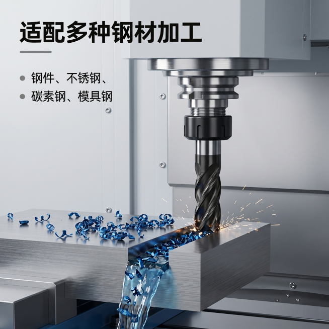 [主图 4] 钨钢铣刀适用加工场景展示，整体风格光影配色保持与主图1统一，干净简约工业风背景，保持产品外观物理结构材质质感颜色与输入产品图一致，杜绝任何变形和色差，精细化处理。展示钨钢铣刀安装在CNC预览效果
