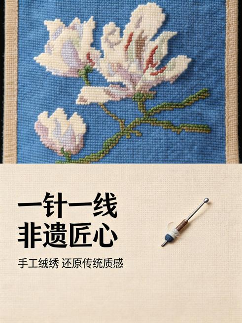 3:4竖版海报，上下分层布局，上区占35%为微距特写绒绣玉兰花，下区占65%为文字区；上区放大绒绣针脚细节，呈现立体绒感，线迹疏密、色彩渐变清晰，还原手工刺绣细腻质感，侧逆光突出绒绣肌理，让花瓣层次更预览效果