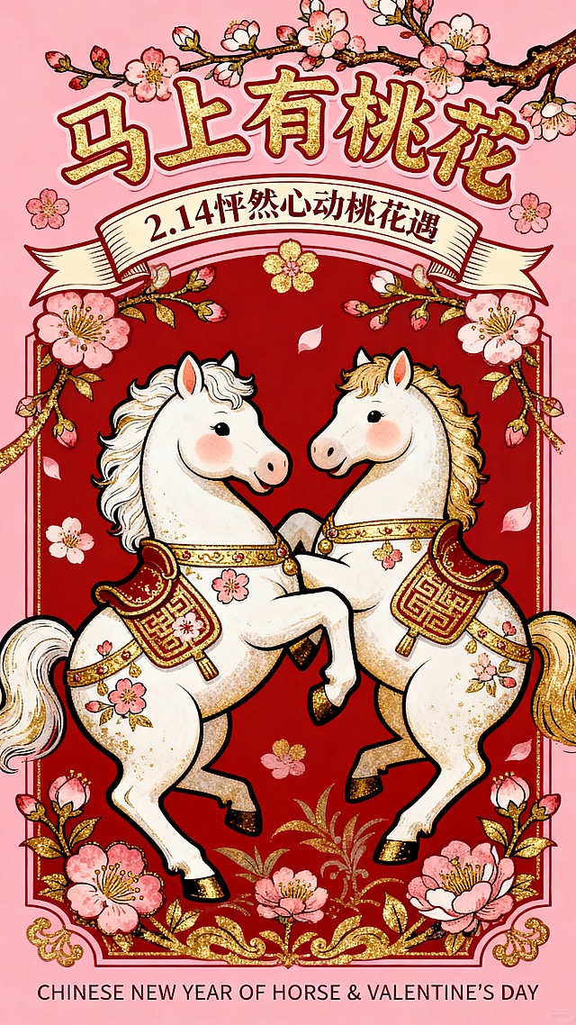 国潮插画风，拟人化双马相依，鎏金剪纸元素点缀桃花，喜庆甜蜜中透出可爱，呼应马年与情人节主题。