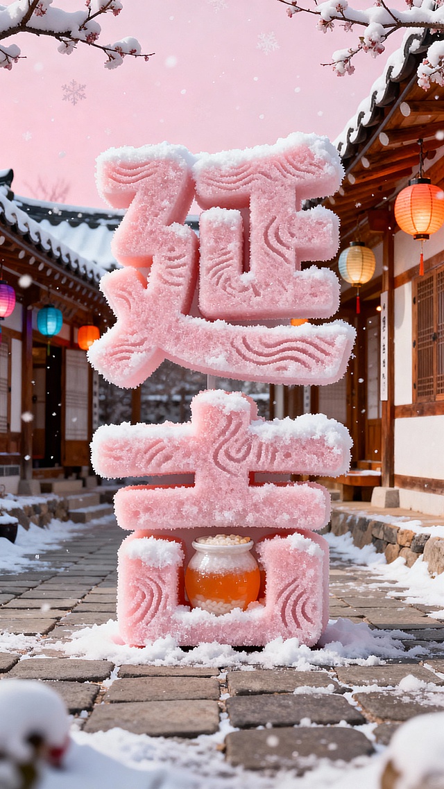 主视觉是粉白雪绒质感 “延吉” 大字（内部冰封打糕、米酒），雪面带指纹纹理。背景是朝鲜族风格建筑，地面铺积雪石板路、挂彩灯笼，天空浅粉飘雪，边缘缀雪枝，粉白 + 暖橙配色，甜暖韩系冬日感。