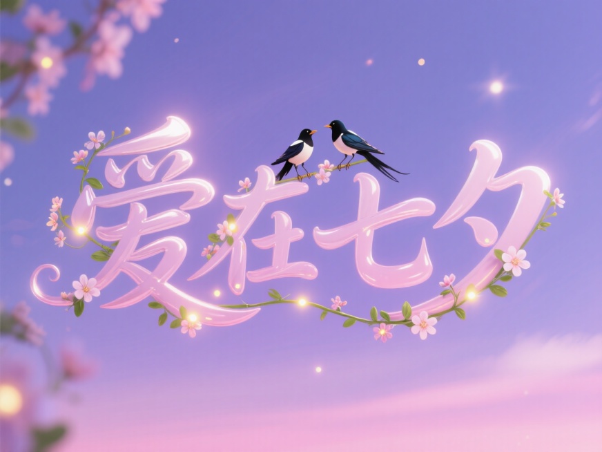文艺清新文字 "爱在七夕"：手写浪漫字体，字母间缠绕细小花藤，点缀几点萤火光斑，两只喜鹊站在小花藤上，背景是淡紫色与粉色的夜空渐变，营造朦胧梦幻的氛围。预览效果