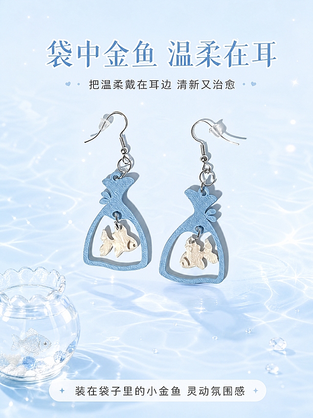 [第1屏] 电商详情页头图，小鱼水缸耳钉宣传海报。产品为镂空蓝色福袋造型搭配可动米白色小金鱼，金属耳钩，创意"袋中金鱼"设计。本屏使用图1作为商品主体，保持耳钉蓝色镂空福袋、米白色小金鱼、金属耳钩的物理结构、材质质感、颜色与输入产品图一致。
[氛围/风格] 清新治愈ins风，软萌氛围感，浅蓝清新背景，商业摄影质感，画面温柔治愈。
[元素布局] 一对小鱼水缸耳钉放在画面居中区域，占据画面65%-70%主体位置。背景加入浅蓝色渐变和透明水波纹装饰，点缀细碎闪片光斑，左下角放一小块透明玻璃水缸装饰，整体干净清新。
[光影质感] 上方柔和主光照亮耳钉，右侧有自然浅阴影，产品边缘清晰真实，金属光泽自然凸显，整体明亮通透。
[配色色系] 全局底色：#F0F8FF（浅天蓝色）；主体配色：#639CD9（蓝色福袋）+#F5F0DC（米白金鱼）+ #CCCCCC（金属耳钩）；辅助色：#E8F4FD（浅蓝渐变）+#222222（文字深灰）。
[视角构图] 正面平视，主体位于画面中线偏上位置，上下预留充足文字区域，背景干净有设计感。
[文字版式] 上方主标题 "袋中金鱼 温柔在耳"，居中，字号为画面宽度8%，浅蓝渐变字配细白边；主标题下方副标题 "把温柔戴在耳边 清新又治愈"，居中，字号约为主标题30%，深灰色；底部信息条卖点 "装在袋子里的小金鱼 灵动氛围感"，白色圆角信息条，深灰色文字居中。文字不遮挡主体耳钉。
[比例分辨率] 3:4竖版比例，4K分辨率，文字清晰可辨，超高清。
[负向提示词] 产品变形，耳钉结构错误，颜色偏差，金鱼缺失，水印，文字错乱，产品图模糊，背景杂乱，畸形。