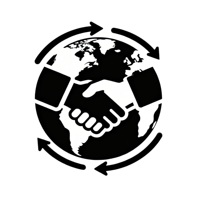 极简风格招全球代理图标，以地球轮廓为基础，融入握手元素体现合作，搭配环绕的箭头象征全球联动，整体造型简洁对称，黑白配色，具有高度识别性，适配各种场景使用预览效果