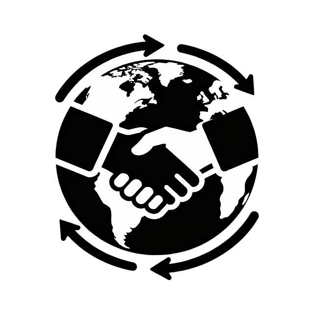 极简风格招全球代理图标，以地球轮廓为基础，融入握手元素体现合作，搭配环绕的箭头象征全球联动，整体造型简洁对称，黑白配色，具有高度识别性，适配各种场景使用