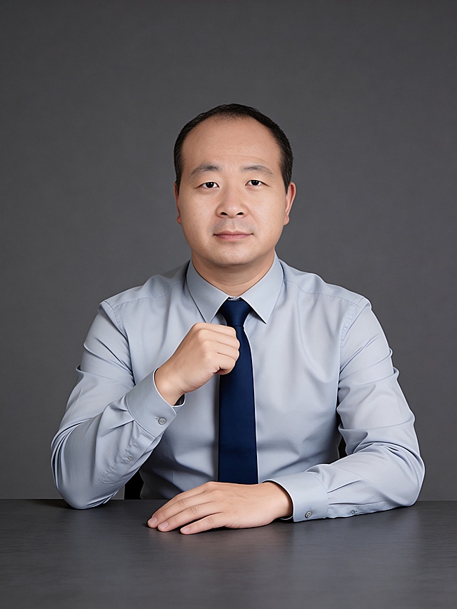 商务感十足的单色设计风肖像，简约主义构图，实景感强，性冷淡风色调，印刷质感细节突出，传递专业与沉稳。面部微笑，右侧身20度