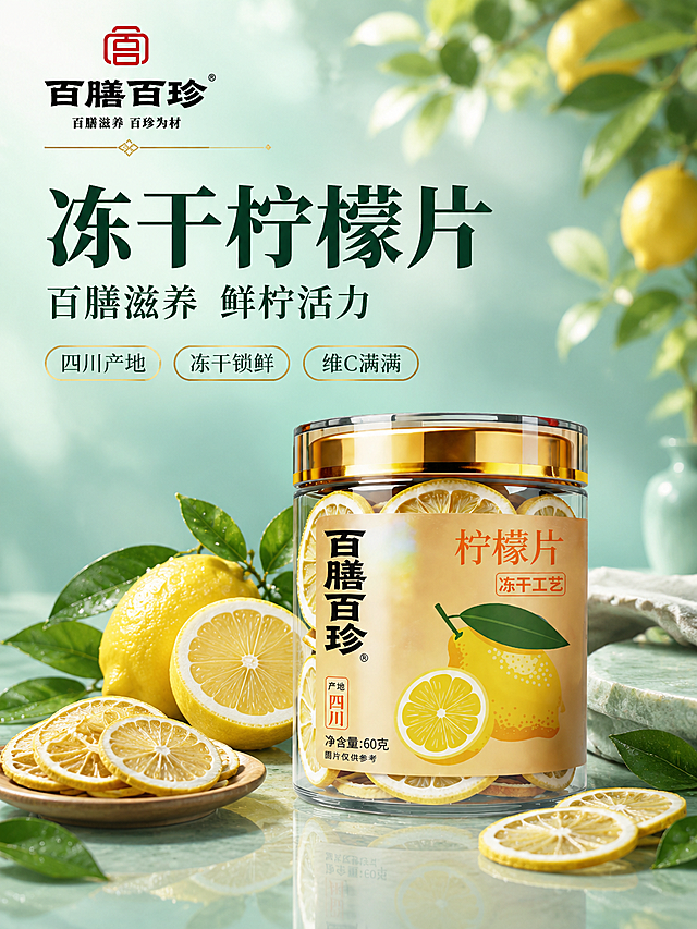 [商品] 使用【图1】百膳百珍冻干柠檬片罐装产品和【图2】品牌Logo；保留罐身金色盖子、透明罐体、柠檬片内容物、"百膳百珍"品牌名、"柠檬片""冻干工艺""产地四川""净含量60克"等标签文字；品牌Logo包含红色宫字图标+百膳百珍黑色字体+百膳滋养百珍为材slogan，放置在左上角固定位置。产品外观、颜色、比例、材质保持一致。
[画面] 详情页头图，目标是建立高端品牌第一印象，传递东方滋养的品牌调性。品牌海报型版式，上文下图+左右平衡构图。产品罐位于画面中下偏右，占画面约45%，放置在精致的浅青绿色台面上，有柔和倒影。罐子周围精心摆放新鲜柠檬、冻干柠檬片和翠绿叶片。背景是浅青绿色渐变，上方有柔和的光斑和柠檬枝桠虚化，营造东方雅致的氛围。左上角固定品牌Logo，Logo下方有一条细细的金色装饰线。整体画面≥3层：前景叶片/柠檬、中景产品、背景渐变光斑。
[视觉] 套系策略：风格=天猫高端东方雅致商业摄影；标题字=粗黑体厚重有力；正文字=简洁宋体；主色=蒂芙尼蓝(浅青绿)；背景延展=基于蒂芙尼蓝做深浅渐变、米白过渡和细腻光斑/纸张质感；强调色=中国红，仅用于品牌Logo、小面积标签和重点高亮；标题色=深墨绿/黑色；正文色=中灰；组件=圆角细线信息卡、极细引线、金色装饰线；光影=高端棚拍柔光，左前侧主光，产品边缘精致轮廓光，整体通透高级。
[文字] 左上品牌Logo固定。左侧中部主标题"冻干柠檬片"粗黑体大字，副标题"百膳滋养 鲜柠活力"宋体小字。下方3个品质标签横向排列，精致细线边框："四川产地""冻干锁鲜""维C满满"。文字区留白充足，排版精致，不遮挡产品主体。所有文字横排。
[规格] 图片比例3:4竖版，负向：变形、错字、文字过小、模糊、杂乱、水印、平台Logo、悬浮、穿模、廉价感、过度装饰、冷蓝/蓝灰背景。