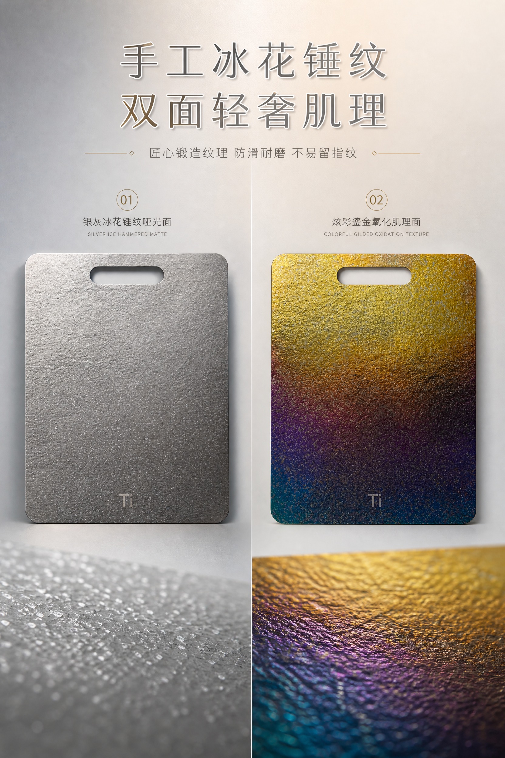 [商品] 使用上传的银灰冰花锤纹哑光面与炫彩鎏金氧化肌理面纯钛… - 图片创意预览
