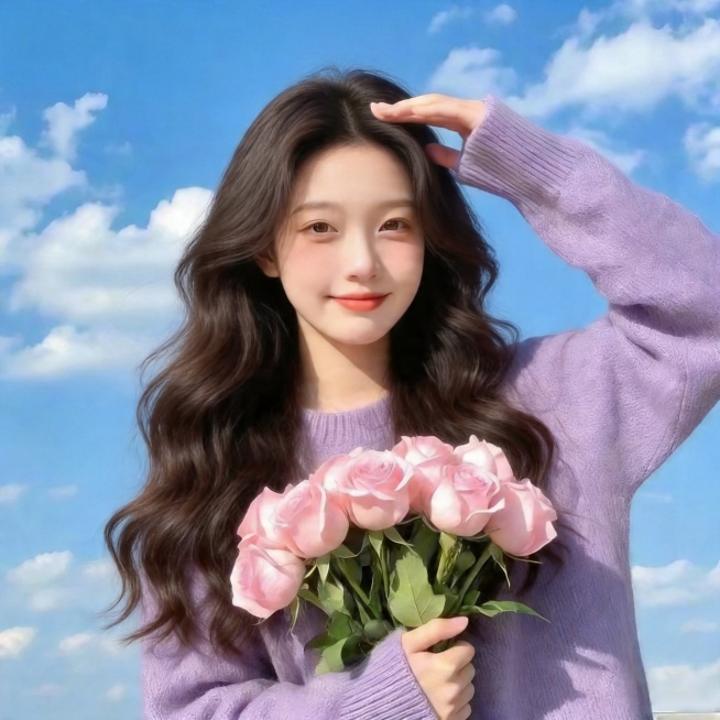 参考提供图片，保持相同动作：一只手搭在头顶，另一只手抱着一束粉色玫瑰花，紫色毛衣，蓝天背景，棕色长卷发，生成另一张全新不同长发美女的正方形头像，高清晰，精致五官，甜美自然妆容，人物和参考图中的人完全不预览效果