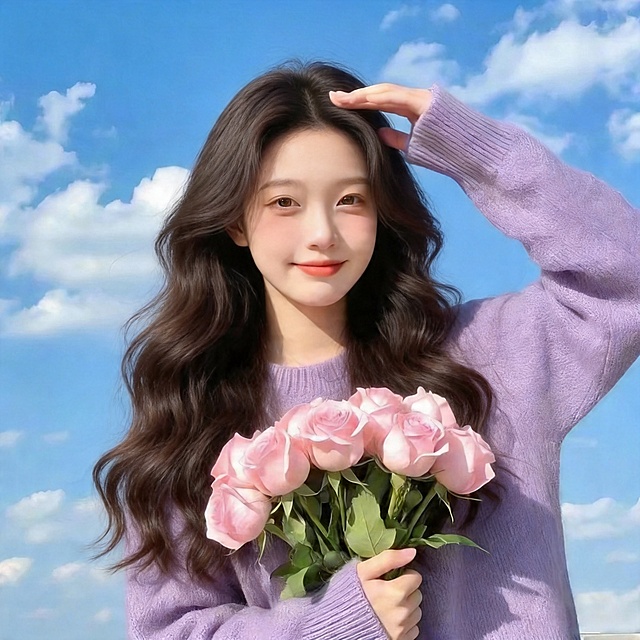 参考提供图片，保持相同动作：一只手搭在头顶，另一只手抱着一束粉色玫瑰花，紫色毛衣，蓝天背景，棕色长卷发，生成另一张全新不同长发美女的正方形头像，高清晰，精致五官，甜美自然妆容，人物和参考图中的人完全不同