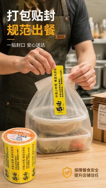 [第6屏] 使用场景展示-外卖商家打包使用封签场景。本屏使用黄色款【图2】作为产品参考。
[氛围/风格] 真实商用场景，温馨自然，代入感强。
[元素布局] 画面展示厨房打包台场景，台面上放着外卖餐盒，预览效果