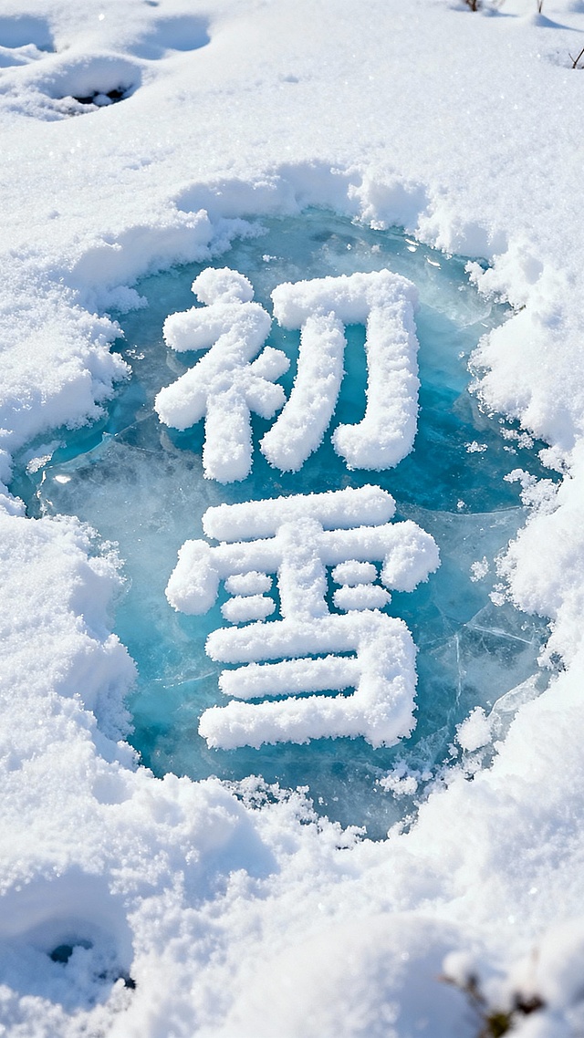 俯视视角，画面主视觉是雪地中的 萌系“初雪”文字，露出淡蓝色冰面，雪质细腻带自然纹理。