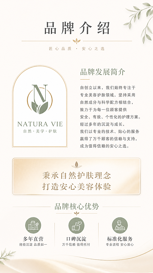 [第6屏] 美容院团购详情页品牌介绍屏，展示品牌发展与品牌理念。[氛围/风格] 稳重高级，有品牌质感，柔和简约，突出品牌文化和信任感。[元素布局] 画面顶部放主标题"品牌介绍"，中部左侧放品牌logo位置，右侧放品牌发展简介文字，下方放品牌理念模块，写着"秉承自然护肤理念 打造安心美容体验"，底部放品牌核心优势："多年直营 口碑沉淀 标准化服务"。logo占左侧约30%，文字占右侧，整体平衡舒适，主体占比约70%。[光影质感] 整体均匀柔和打光，logo和文字都清晰，没有强烈阴影，质感高级干净。[配色色系] 全局底色：#f8f5f2（浅米暖白）；主体配色：#d4af8a（浅金）+#8a9d84（莫兰迪绿）；文字深灰色，logo边框浅金色。[视角构图] 左右分栏构图，左上logo，右侧文字，下方品牌理念通栏，视觉平衡稳定，阅读顺序自然。[文字版式] 顶部大标题居中，简介文字行间距适中，品牌理念用浅金底色框突出，核心优势用小图标配短句，层级清晰，移动端可读。[比例分辨率] 宽高比9:16，4K分辨率，文字清晰可辨，超高清。[负向提示词] logo变形，文字错乱，夸大宣传，水印，结构错误，颜色刺眼。