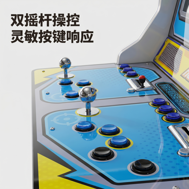 [详情图 3] 百发百中电玩机操控区细节展示；[氛围风格] 高清特写，突出做工；[画质] 商业摄影质感、光线柔和通透、产品清晰真实、画面干净高级；[元素] 特写展示双摇杆和按键操控区，保持摇杆按键形状预览效果