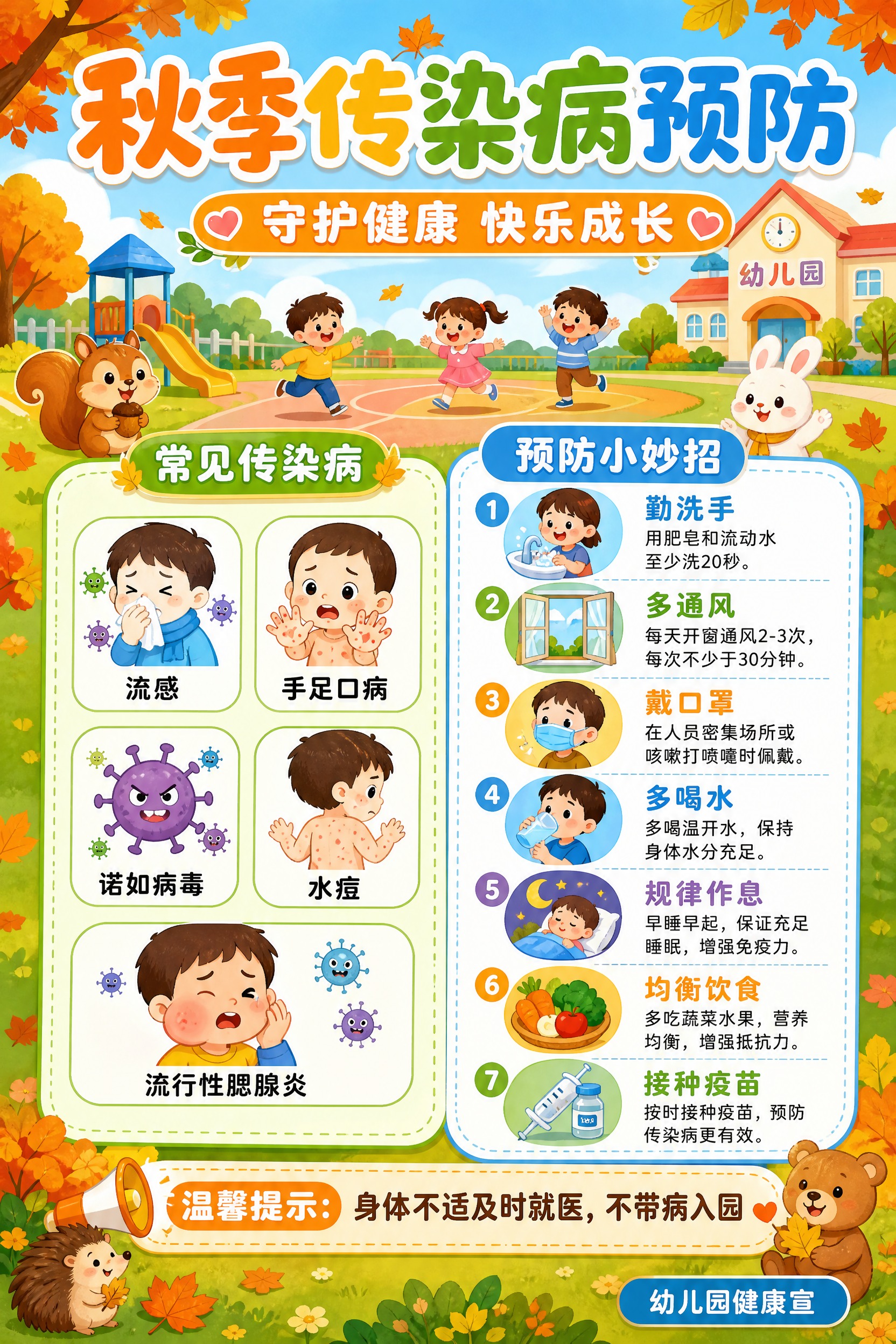 秋季传染病预防幼儿园科普海报，竖版2:3比例，卡通童趣Q版插画… - 图片创意预览