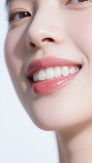 超写实人像特写，聚焦女性微笑的嘴部及下颌线，柔和顶光塑造细腻皮肤质感，高光位于唇珠与上唇边缘，阴影自然过渡至下颌，背景为纯白色。嘴唇饱满红润，唇釉呈现透亮光泽，牙齿形态改为整齐排列的圆润贝齿，整体配色调整为冷调白皙肤色，搭配淡粉色唇妆，画面保持极高清晰度与自然光影层次，无任何文字及装饰元素。预览效果