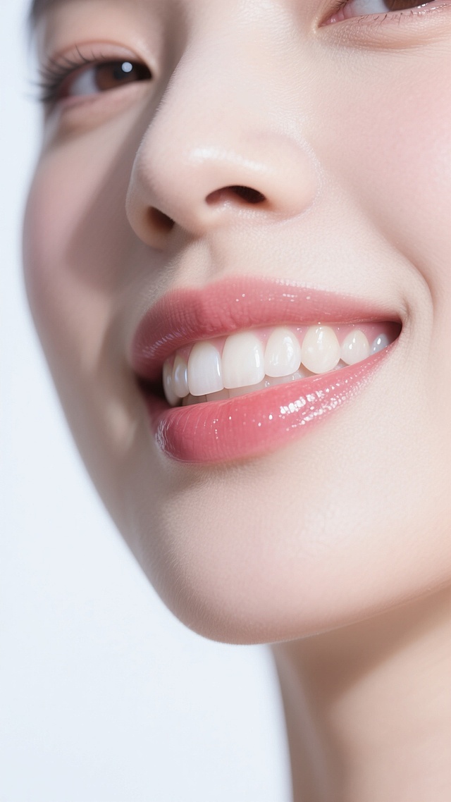 超写实人像特写，聚焦女性微笑的嘴部及下颌线，柔和顶光塑造细腻皮肤质感，高光位于唇珠与上唇边缘，阴影自然过渡至下颌，背景为纯白色。嘴唇饱满红润，唇釉呈现透亮光泽，牙齿形态改为整齐排列的圆润贝齿，整体配色调整为冷调白皙肤色，搭配淡粉色唇妆，画面保持极高清晰度与自然光影层次，无任何文字及装饰元素。