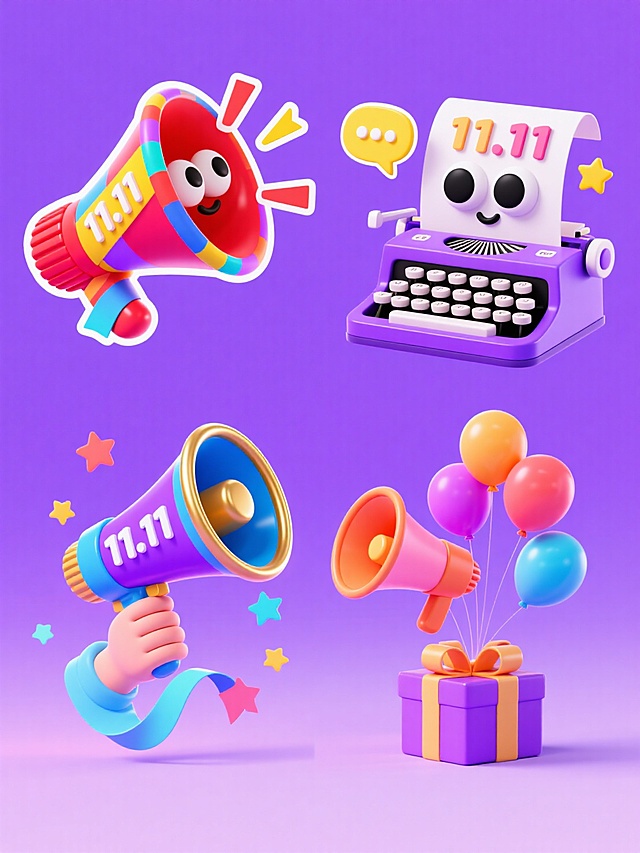 4个完全不同元素内容的促销素材组合，每组单独显示，规整排布，紫色背景，高饱和度明亮色彩，圆润可爱造型。第一个素材：拟人化的红色喇叭，喇叭及底座粘贴着多彩爆炸贴（带有“11.11”文案）；第二个素材：拟人复古打字机，打字机内的纸张带有一对大大的黑白圆眼睛，周围环绕紫色带“11.11”的对话气泡和黄色星星；第三个素材：一只卡通化的圆润手握持着蓝紫配色的喇叭，边缘有金色装饰，喇叭上有“11.11”黑色文案，周围点缀彩色渐变星星；第四个素材：橙粉色喇叭器，连接着多只彩色气球，喇叭下方放置着紫色礼盒