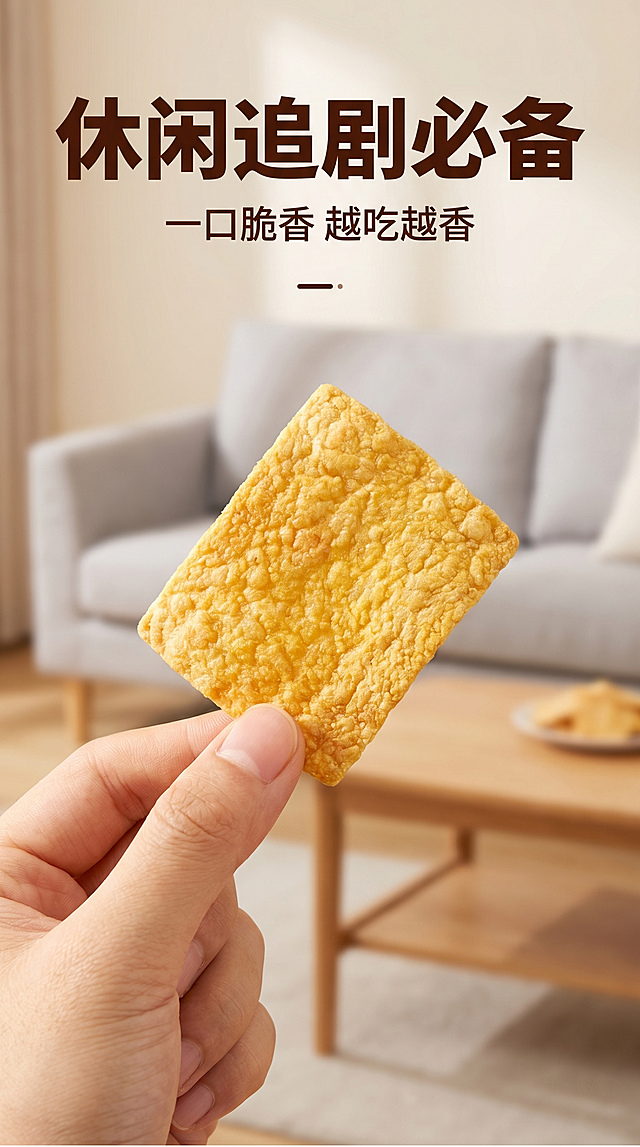[主图-4] 食用场景体验大黄米南瓜山药片，氛围风格：生活化休闲食欲风，拼多多电商风格，画质：商业摄影质感，光线柔和通透，产品清晰真实，画面干净高级，元素：一只手捏起一片大黄米南瓜山药片，背景是客厅沙发茶几休闲场景，虚化背景突出手中薯片，保持薯片产品外观与输入产品图绝对一致，杜绝任何变形和色差，精细化处理，主体薯片占比约60%，画面满屏无边框，光影：室内柔和自然光，突出薯片酥脆质感，背景虚化，配色：暖调生活化配色，浅灰沙发搭配原木茶几，视角构图：第一人称抓拍视角，动态自然，文字版式：顶部大字写“休闲追剧必备”，深棕色粗体，底部小字写“一口脆香 越吃越香”，比例分辨率：9:16比例，2k分辨率，文字清晰锐利，画面超高清，负向提示词：变形，水印，文字错乱，产品图模糊，背景杂乱，文字遮挡主体