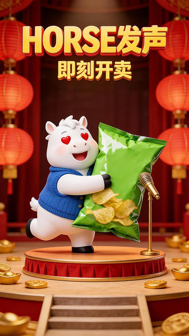 Q 版潮玩盲盒风格，3D 建模渲染，光线明亮。主体为一只胖卡通白马穿着蓝色开衫马甲，双眼是两颗红色爱心；白马呈开心雀跃的姿态，双臂环抱着一个巨大化的参考图物品，身体微微前倾，神态活泼又憨萌；白马站在一个喜庆的剧场舞台的小台子上，旁边一个金色麦克风，背景红灯笼高挂，金元宝分布在周围地面，前景有一些台阶。整体采用暖色调柔光照明，柔焦浅景深，画面可爱幽默，上方潮流3D黄色大字“HORSE发声”，副标题3D黄色小字“即刻开卖”。